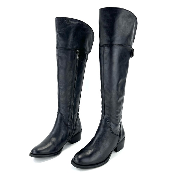 VINCE CAMUTO BOLLO BLACK LEATHER BLOCK HEEL STUDDED OVER-THE-KNEE/KNEE HIGH BOOT - Picture 2 of 14